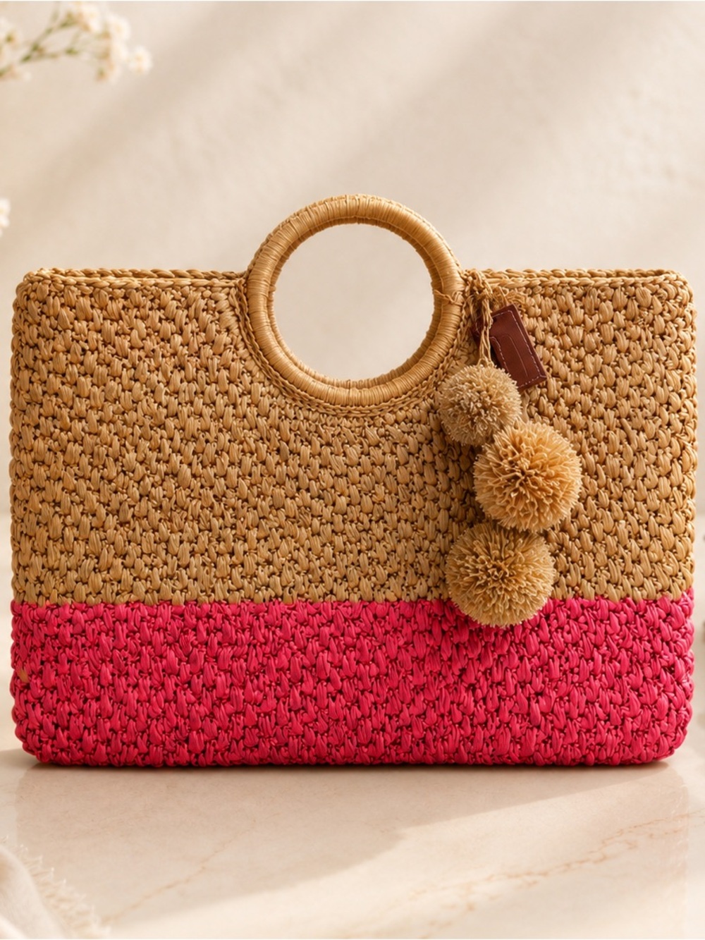Vineyard Vines Straw Tote with Pink Base and Pom Pom Accent